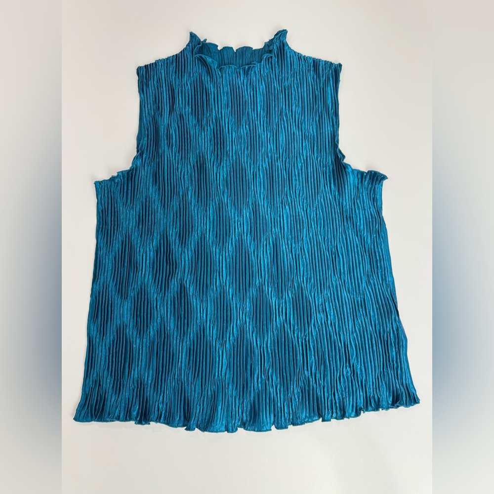 Vintage Blouseworks Venture Teal Blue Pleated Sleeveless Blouse Canada Made 2XL